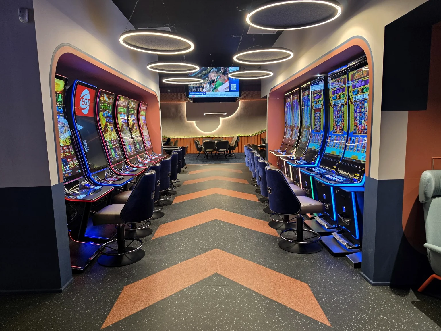 Refurbished Adelaide Casino gaming floor with ring-shaped lighting and gaming machines