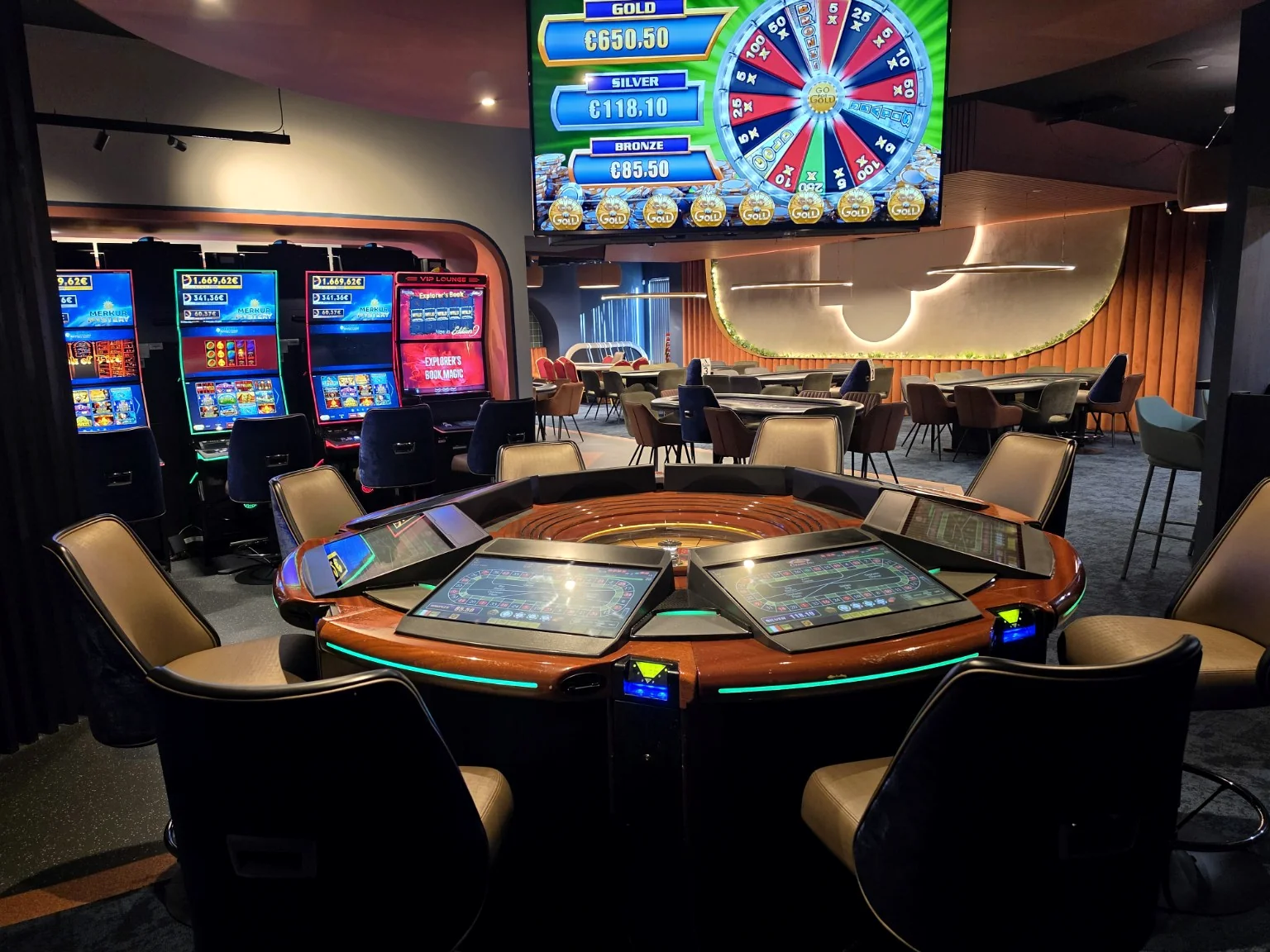Electronic roulette station with touchscreen panels at Adelaide Casino